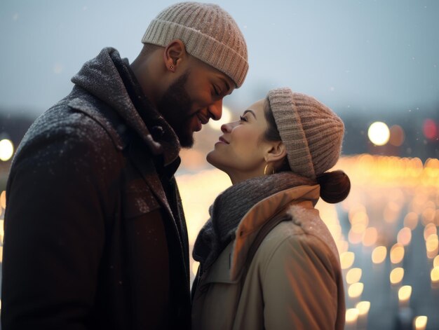 Una coppia interrazziale si sta godendo una romantica giornata invernale.