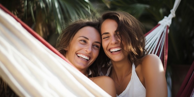 Una coppia lesbica felice in un'amaca, ragazze che si rilassano in natura, che ridono di felicità, IA generativa.