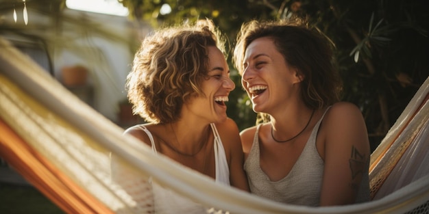 Una coppia lesbica felice in un'amaca, ragazze che si rilassano in natura, che ridono di felicità, IA generativa.