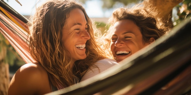 Una coppia lesbica felice in un'amaca, ragazze che si rilassano in natura, che ridono di felicità, IA generativa.