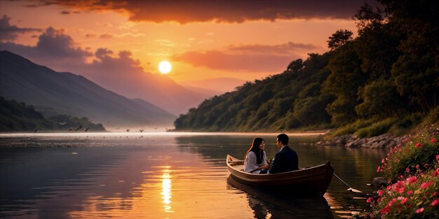 Una coppia maschile e femminile fanno un viaggio su una barca di legno durante le vacanze della vigilia di San Valentino