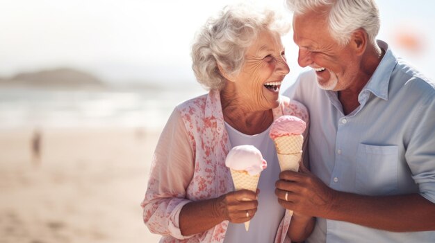 Una coppia matura che si diverte sulla spiaggia Le vacanze estive di un uomo e una donna felici