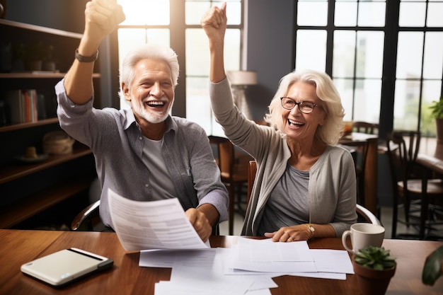 Una coppia matura eccitata che celebra il successo finanziario leggendo buone notizie nei documenti