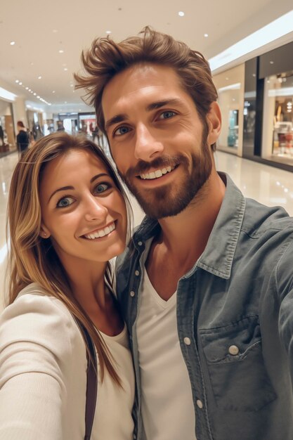 Una coppia moderna alla moda che si fa un selfie all'interno di un centro commerciale di lusso con negozi e persone sullo sfondo Un uomo e una donna adulti che fanno shopping e attività ricreative al chiuso fanno una foto con il telefono