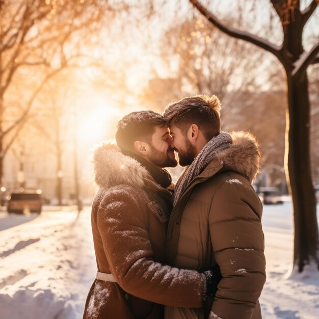 Una coppia omosessuale amorevole si sta godendo una romantica giornata invernale