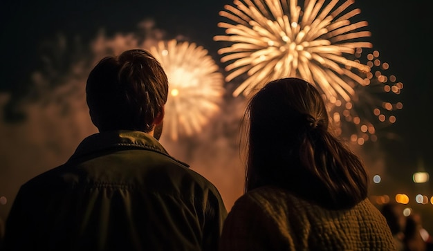 Una coppia osserva i fuochi d'artificio nel cielo notturno