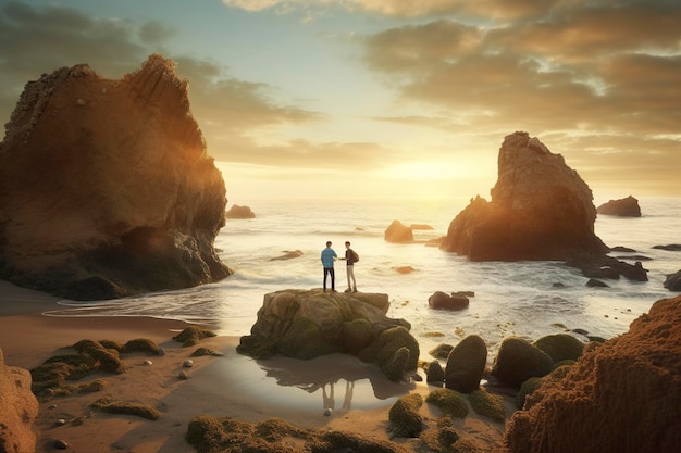 Una coppia passeggia tra le rocce di una piccola e nascosta spiaggia all'alba generata da Ai