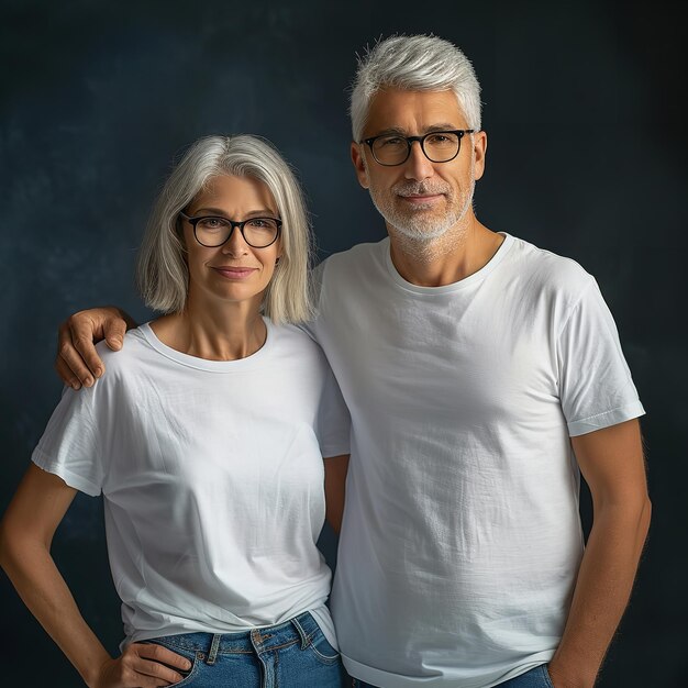Una coppia più anziana e più saggia su uno sfondo bianco indossa magliette bianche corrispondenti Generative AI