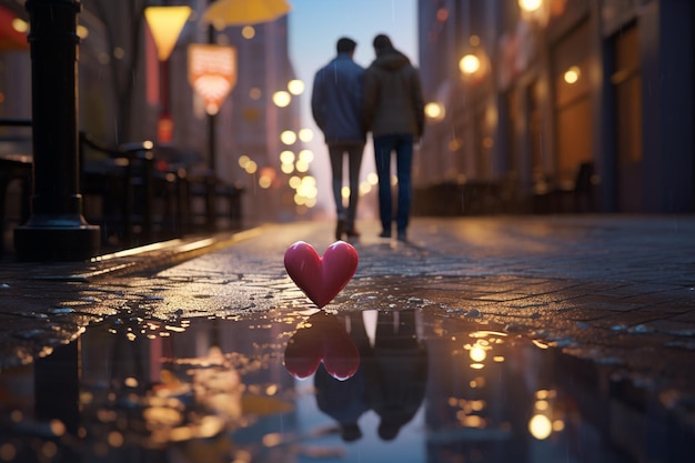 Una coppia riflessa su un marciapiede bagnato dalla pioggia con 00071 03