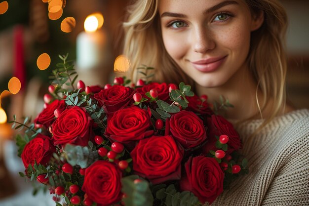 Una coppia romantica a casa che celebra il giorno di San Valentino con un bouquet di belle rose rosse