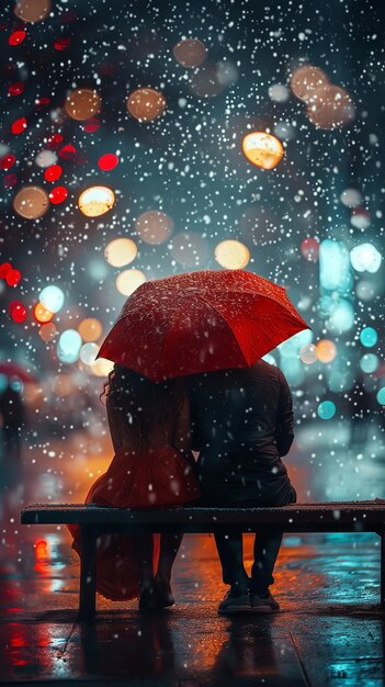 Una coppia seduta su una panchina nella neve notturna sotto un ombrello rosso