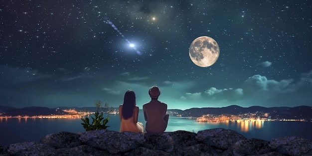 Una coppia seduta su una scogliera che guarda la luna e le stelle sono visibili