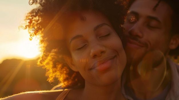 Una coppia si abbraccia e sorride davanti al sole.