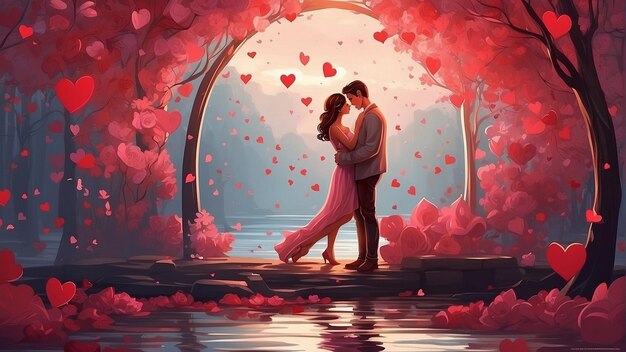 Una coppia si abbraccia nell'area del Giorno di San Valentino con cuori disegnati sullo sfondo