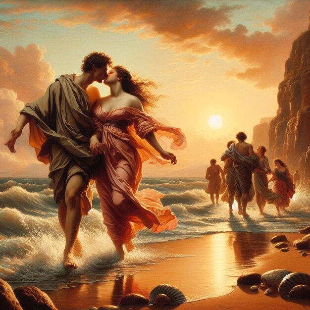 una coppia si bacia al mare al tramonto cielo drammatico stile pittura a olio ambientazione romantica stile antico