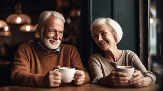 Una coppia si siede a un tavolo con tazze di caffè e sorrisi.