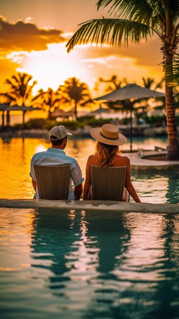 Una coppia si siede in una piscina al tramonto, con palme sullo sfondo.