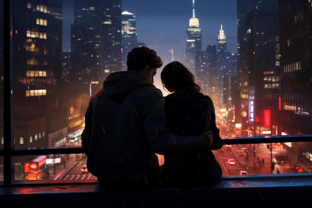 una coppia si siede su un balcone guardando lo skyline della città.