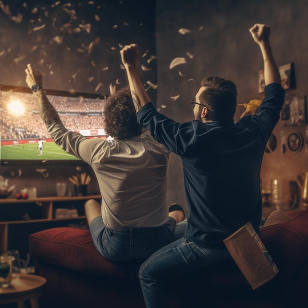 una coppia si siede su un divano e guarda una partita di football.