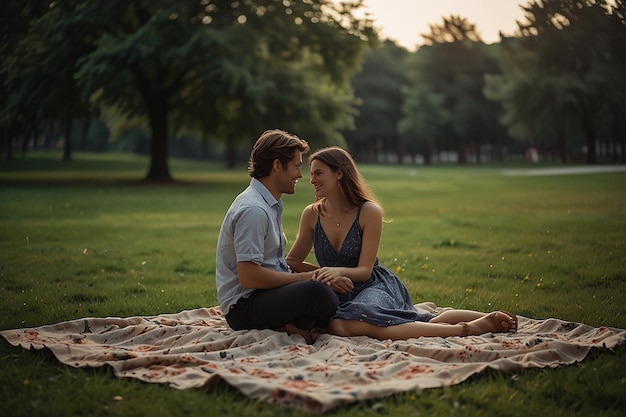 una coppia si siede su una coperta in un parco