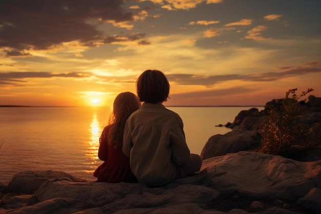 una coppia si siede sulla spiaggia e guarda il tramonto.