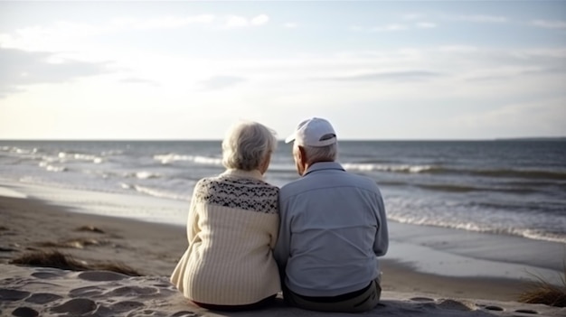 Una coppia si siede sulla spiaggia e guarda l'oceano.