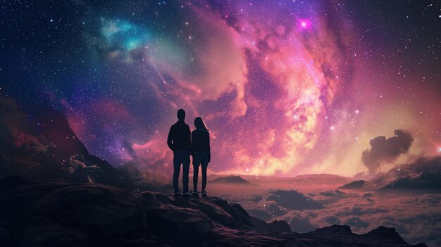 Una coppia si trova al centro dell'universo tenendosi per mano come se il tempo si fermasse nel loro abbraccio in questo momento d'amore l'intero cosmo sembra piccolo