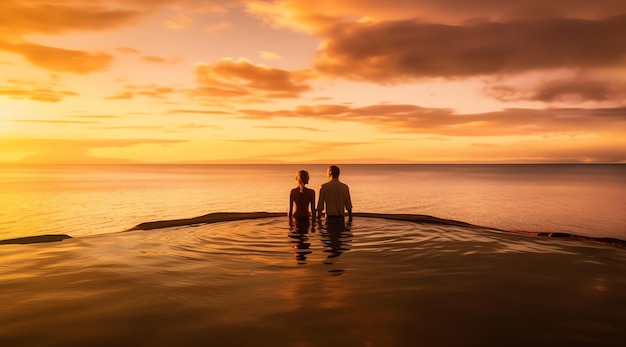 Una coppia si trova in una piscina con un tramonto sullo sfondo.