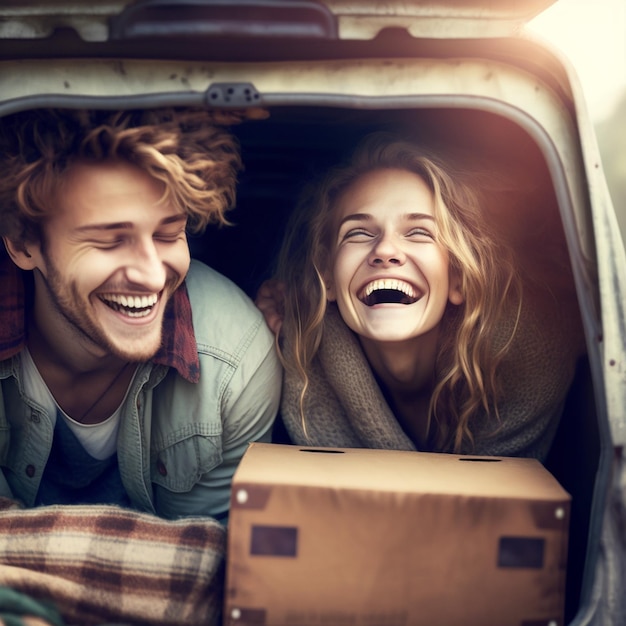 Una coppia sorride e sono seduti sul retro di un'auto e sorridono.