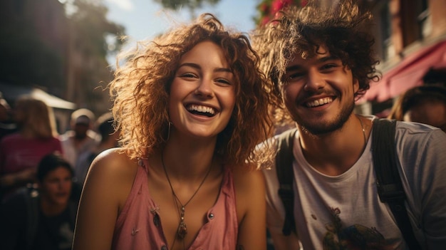 Una coppia sorride e sorride con un uomo con una camicia rosa.