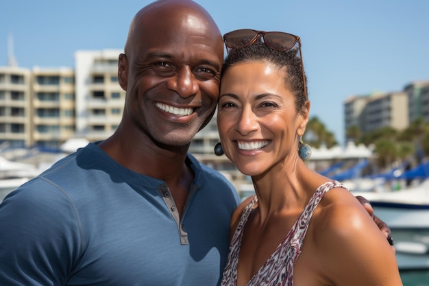 Una coppia sorridente di mezza età che si godono una giornata di sole insieme abbracciati al porto