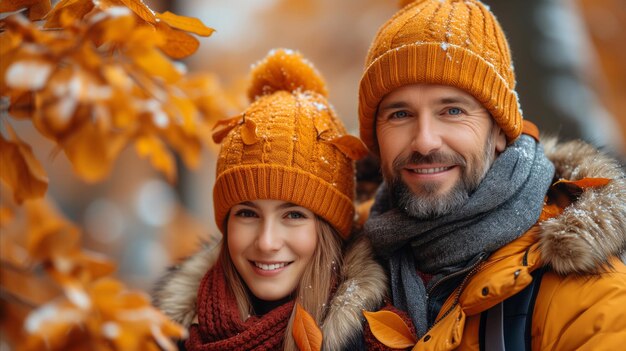 Una coppia sorridente in abiti d'autunno che si godono un giorno d'autunnale all'aperto