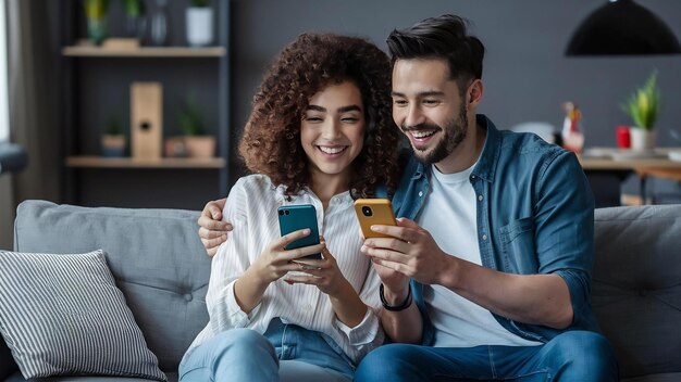 Una coppia sorridente seduta sul divano con i telefoni una giovane donna adorabile che tiene in mano uno smartphone