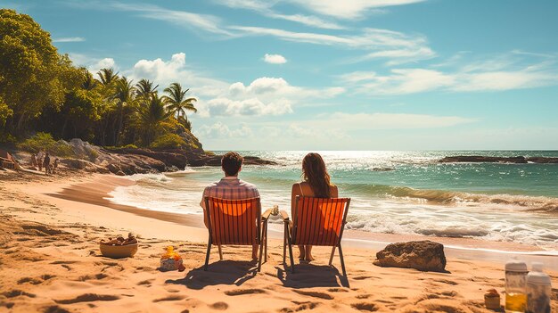 Una coppia sorridente si gode il tramonto su una spiaggia tropicale generata dall'IA