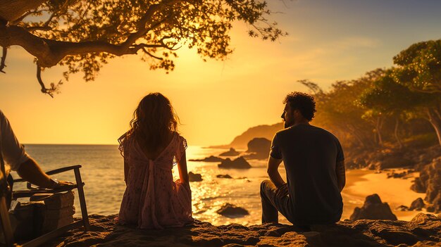 Una coppia sorridente si gode il tramonto su una spiaggia tropicale generata dall'IA