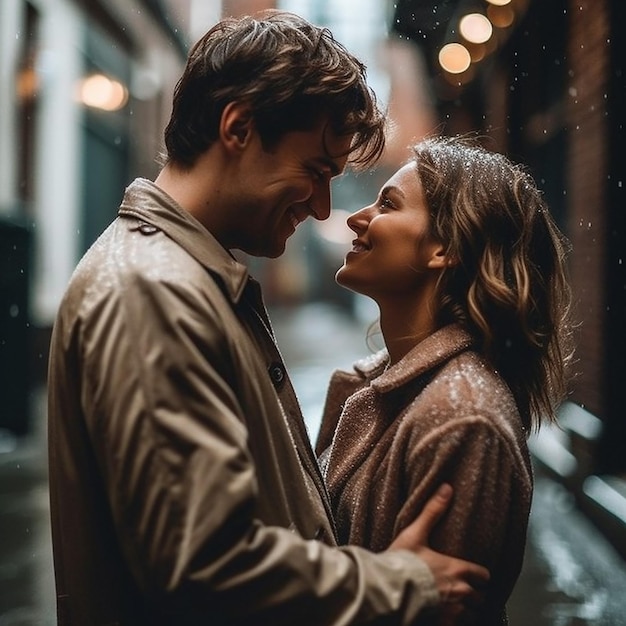 Una coppia sotto la pioggia si guardano e sorridono
