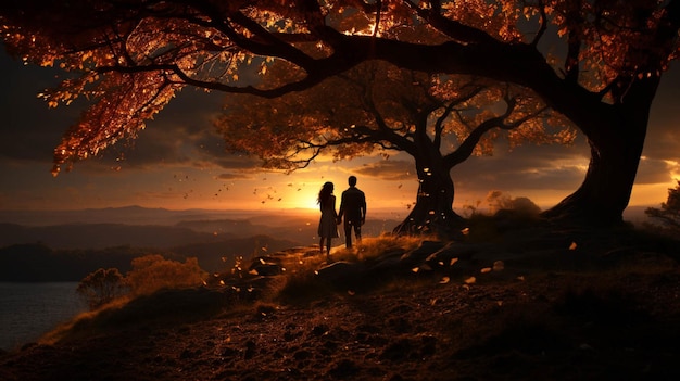 Una coppia sotto un albero al tramonto per desiderare l'amore