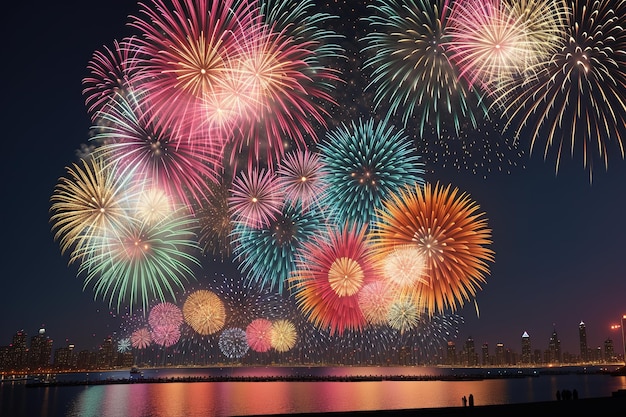 Una coppia sta guardando i fuochi d'artificio con uno sfondo di cielo blu.