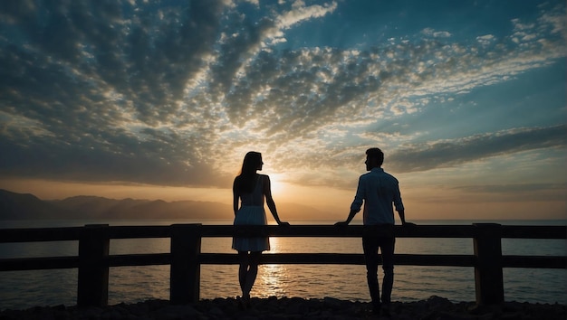 una coppia sta guardando il tramonto su una spiaggia