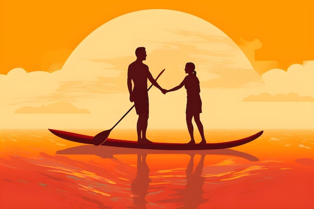 Una coppia su un paddle board davanti a un tramonto.