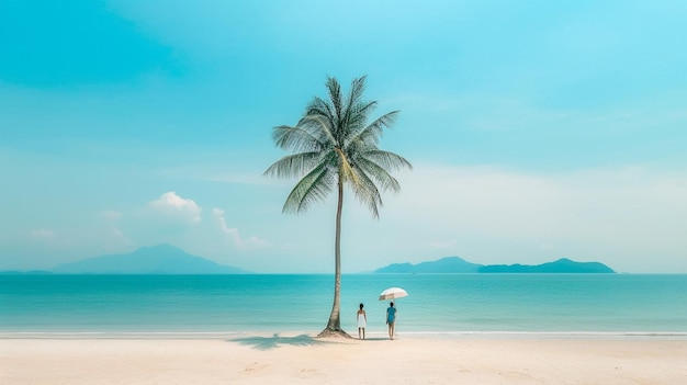 Una coppia su una spiaggia con una palma sullo sfondo