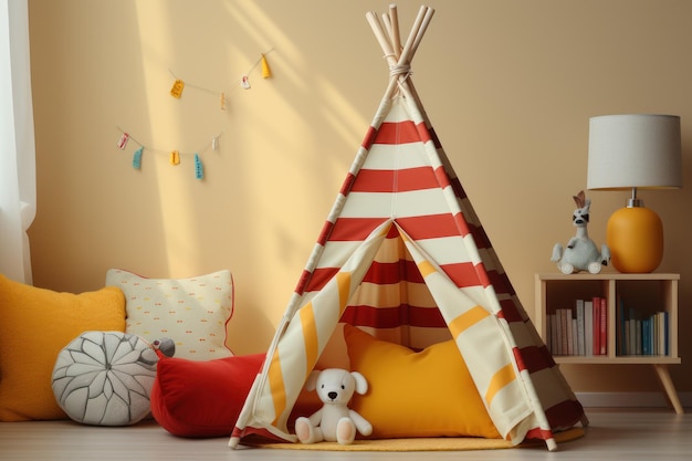 Una corda color crema per la tenda da bambino illumina adorabili cuscini rossi e gialli al sole su una parete di carta da parati a strisce bianco crema. Pavimento in parquet per il design degli interni dello sfondo della cameretta dei bambini