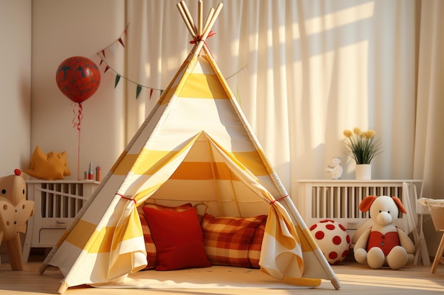 Una corda color crema per la tenda da bambino illumina adorabili cuscini rossi e gialli al sole su una parete di carta da parati a strisce bianco crema. Pavimento in parquet per il design degli interni dello sfondo della cameretta dei bambini