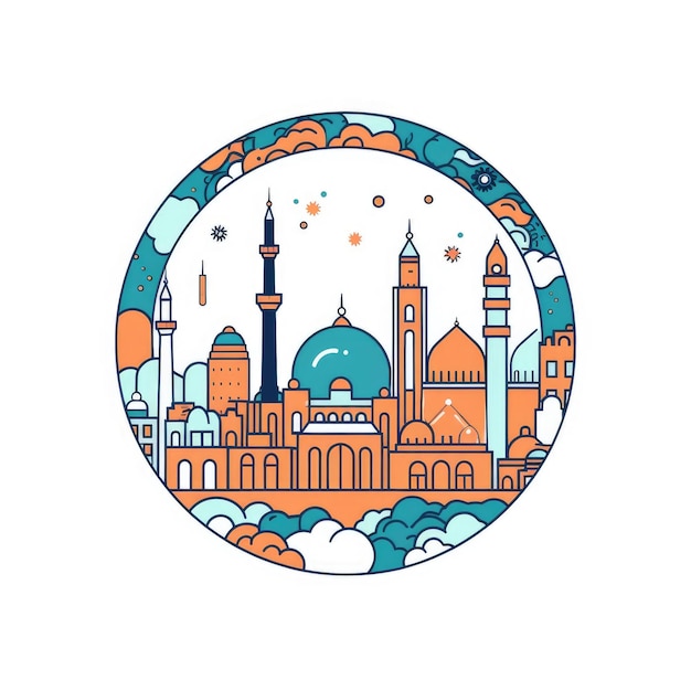 Una cornice a forma di cerchio con lo spazio centrale dello skyline della città del Cairo d'Egitto in semplice stile cartone animato a colori scarabocchio, bellissimo AI AIG32 generativo