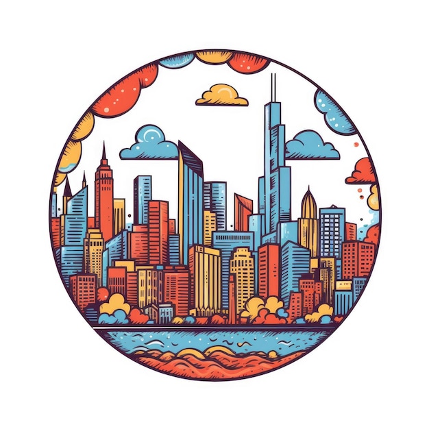 Una cornice a forma di cerchio con lo spazio centrale dello skyline della città di Chicago in semplice stile cartone animato a colori scarabocchio, bellissimo Generative AI AIG32