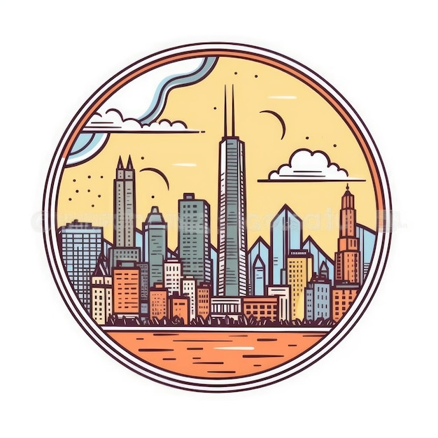 Una cornice a forma di cerchio con lo spazio centrale dello skyline della città di Chicago in semplice stile cartone animato a colori scarabocchio, bellissimo Generative AI AIG32