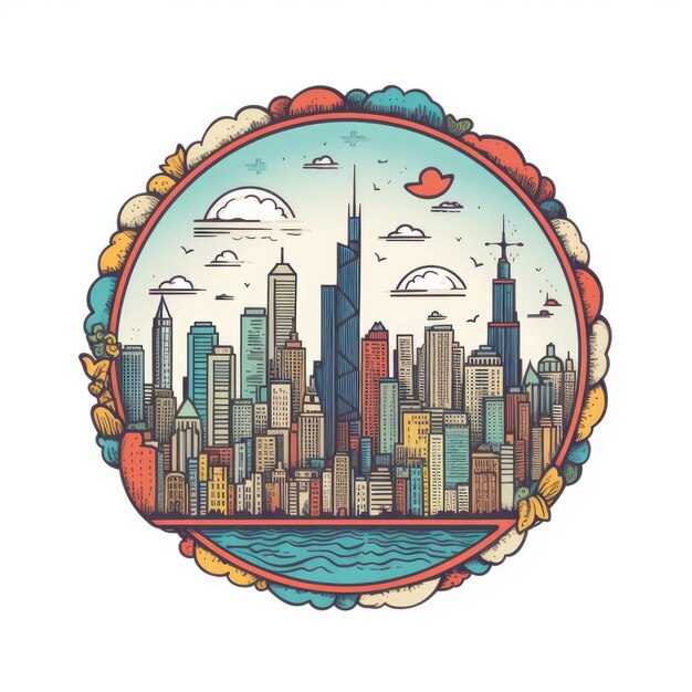 Una cornice a forma di cerchio con lo spazio centrale dello skyline della città di Chicago in semplice stile cartone animato a colori scarabocchio, bellissimo Generative AI AIG32
