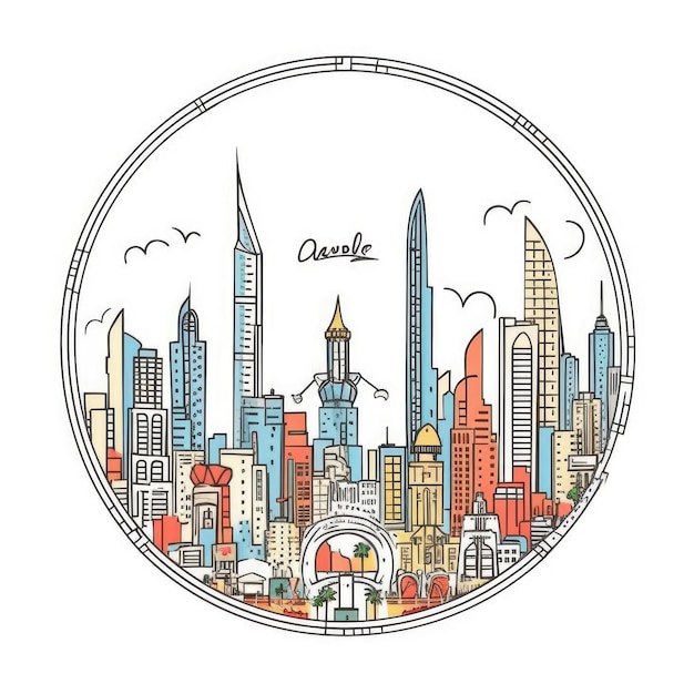 Una cornice a forma di cerchio con lo spazio centrale dello skyline della città di Dubai in un semplice stile cartoon a colori doodle, bellissima AI generativa AIG32