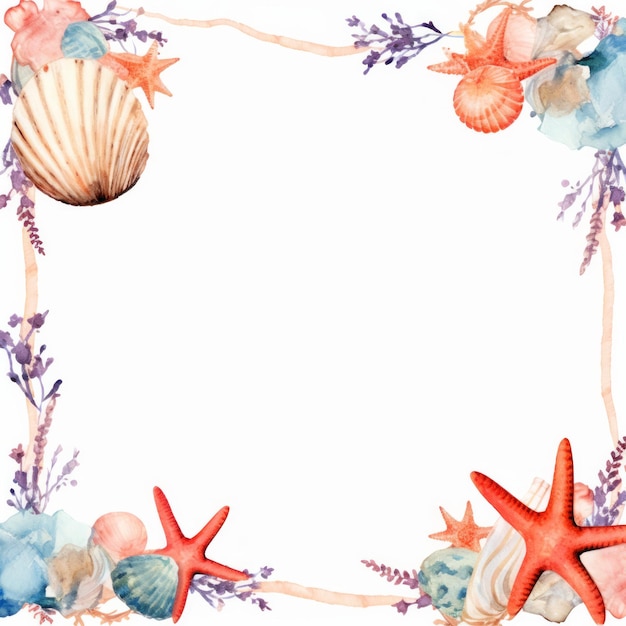 Una cornice ad acquerello adornata con conchiglie, stelle marine e coralli ideale per una spiaggia