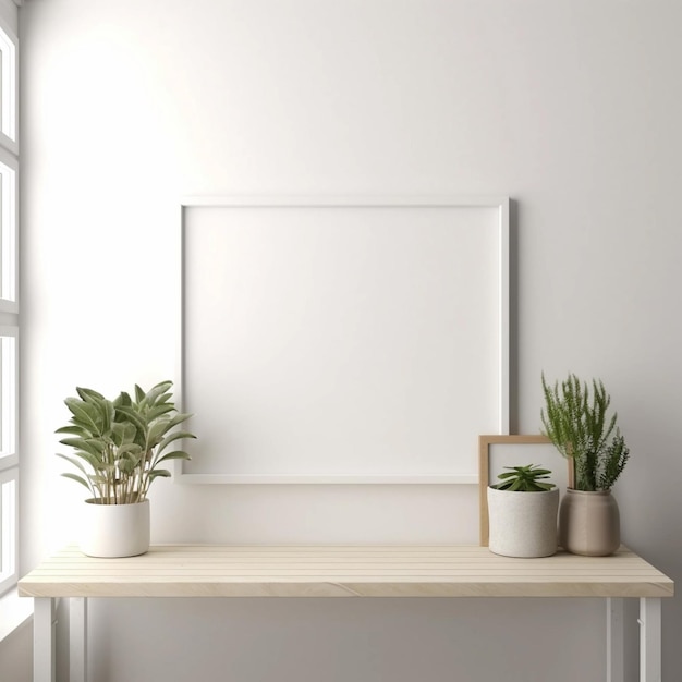 Una cornice bianca con sopra delle piante è su un tavolo davanti a una finestra.